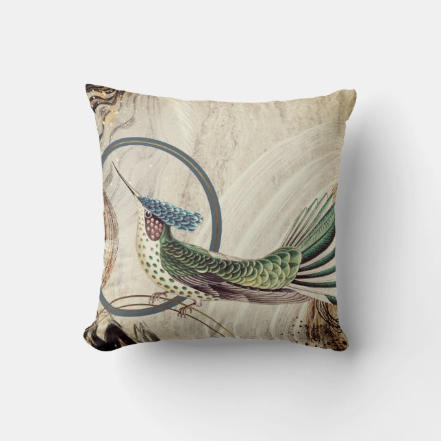 Cream & Blue Hummingbird Abstract Swirls Throw Pillow (Front)