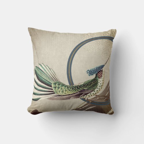 Cream  Blue Hummingbird  Ernst Haeckel Inspired Throw Pillow