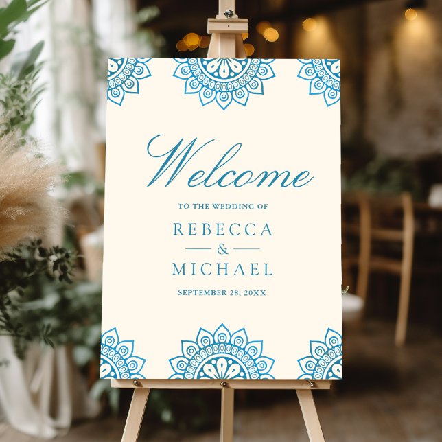 Cream Blue Mandala Indian Wedding Welcome Sign (Creator Uploaded)