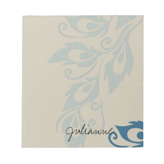 Cream Blue Peacock Feathers Notepad (Front)