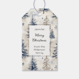 Cream Blue Snowflakes Christmas Trees Rectangle Gift Tags