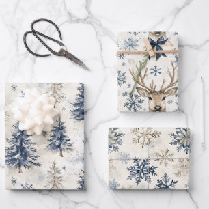 Cream Blue Snowflakes Deer Christmas Wrapping Paper Sheets