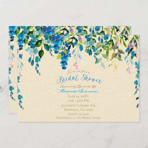 Cream Blue Watercolor Floral Flowers Bridal Shower Invitation