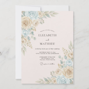 Cream Blue Whimsical Bloom Wedding Invitation