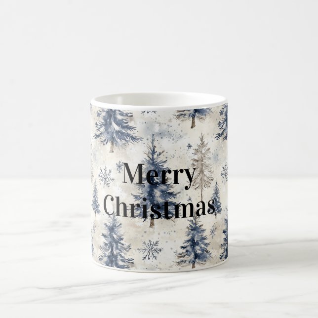 Cream Blue Winter Christmas Trees Snowflakes Coffee Mug (Center)