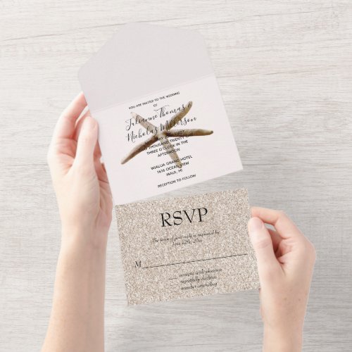 Cream Blush Beach Starfish Wedding All In One Invitation