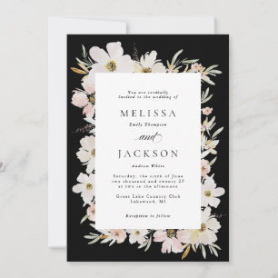Cream, Blush, Black Watercolor Flowers Wedding Invitation