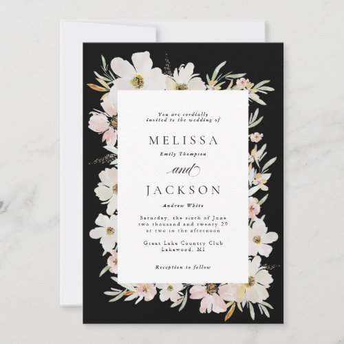 Cream Blush Black Watercolor Flowers Wedding Invitation