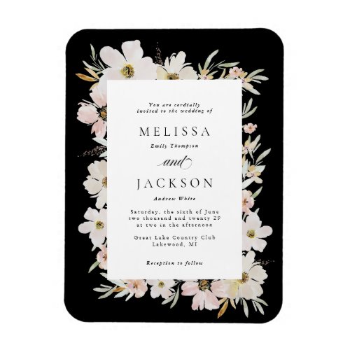 Cream Blush Black Watercolor Flowers Wedding Magnet