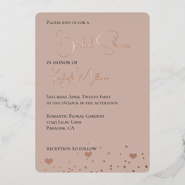 Cream Blush Diamonds Confetti Hearts Bridal Shower Foil Invitation (Front)
