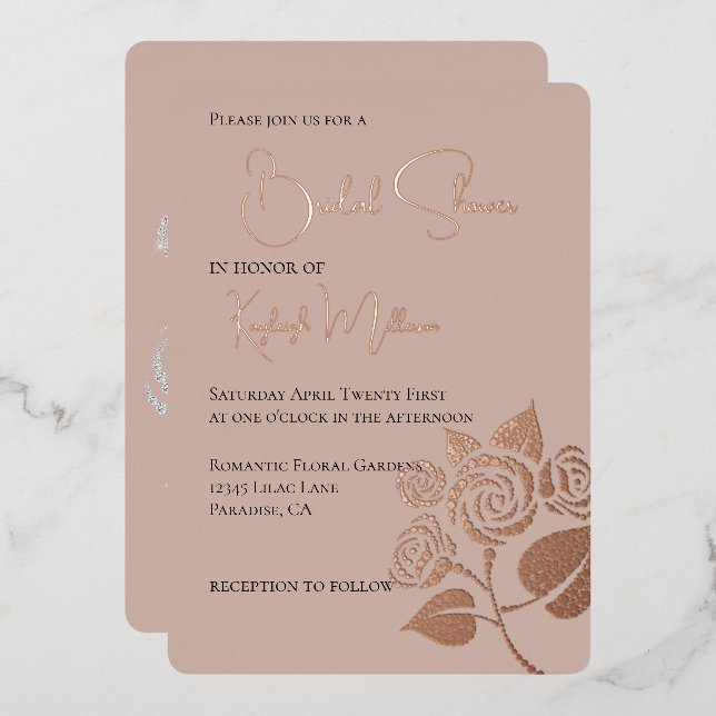 Cream Blush Diamonds Roses Bridal Shower Foil Invitation (Front/Back)