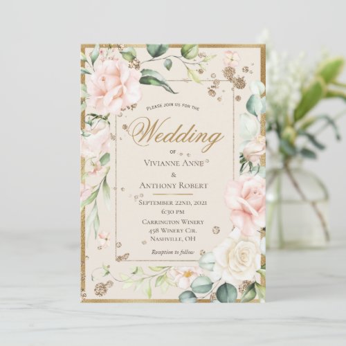 Cream Blush Floral Watercolor Romantic Wedding Invitation