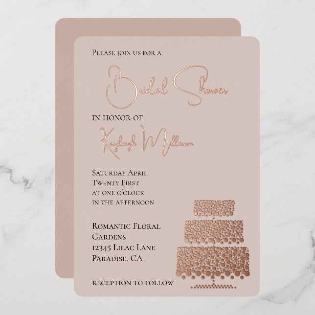 Cream Blush Glam Diamonds Cake Bridal Shower Foil Invitation (Front/Back)