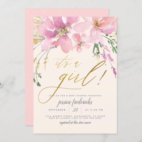 Cream Blush  Gold Its A Girl Floral Baby Shower Invitation