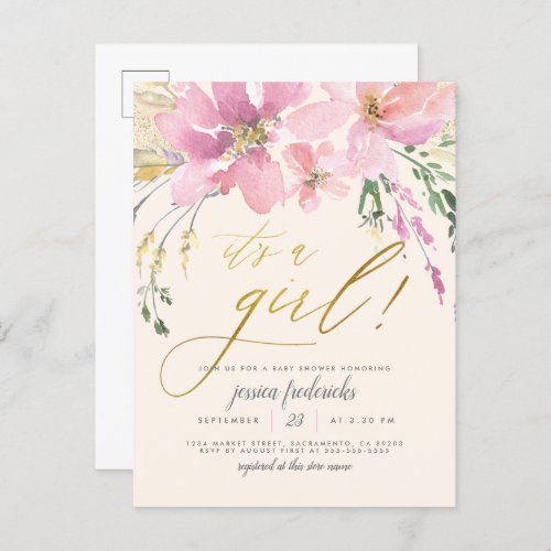 Cream Blush  Gold Its A Girl Floral Baby Shower Invitation Postcard