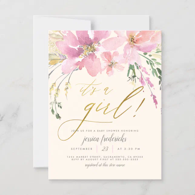 Cream Blush & Gold It's A Girl Floral Baby Shower Invitation