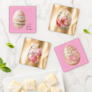 Cream Blush Gold Stripes Pink Floral Easter Egg Coaster Set