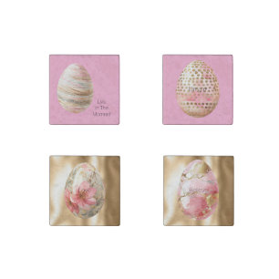 Cream Blush Gold Stripes Pink Floral Easter Egg Stone Magnet