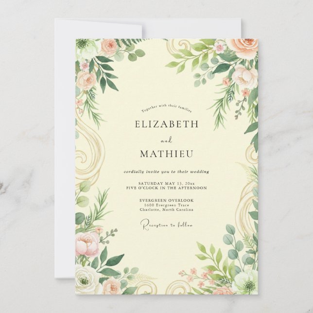 Cream Blush Leafy Wedding Invitation (Front)