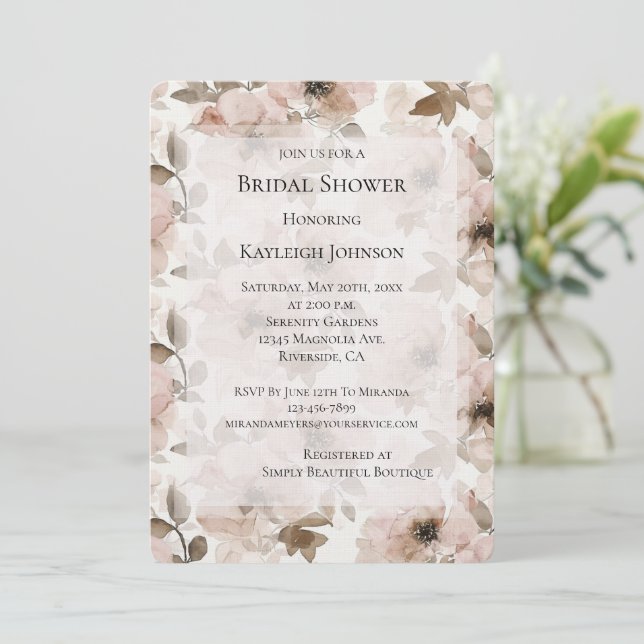 Cream Blush Pink Floral Bridal Shower  Invitation (Standing Front)