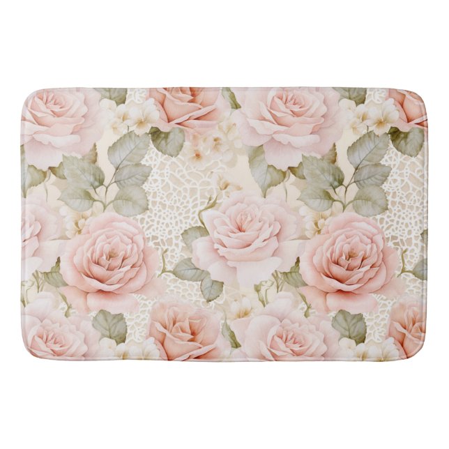 Cream Blush Pink Roses Floral Bridal Shower Bath Mat (Front)
