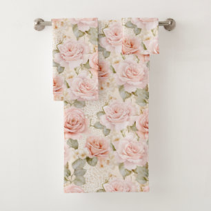 Cream Blush Pink Roses Floral Bridal Shower Bath Towel Set
