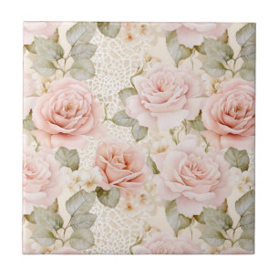 Cream Blush Pink Roses Floral Bridal Shower Ceramic Tile
