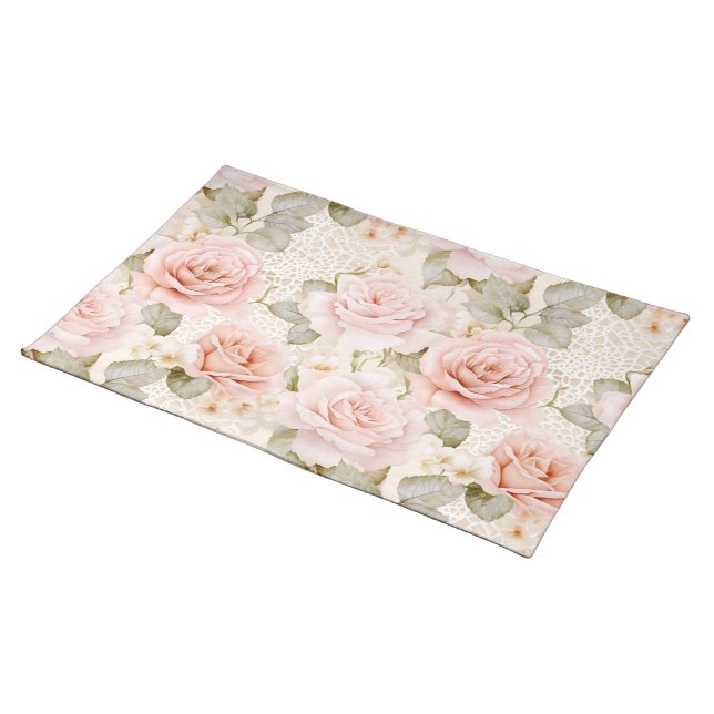 Cream Blush Pink Roses Floral Bridal Shower Cloth Placemat (On Table)