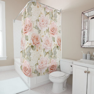 Cream Blush Pink Roses Floral Bridal Shower Curtain