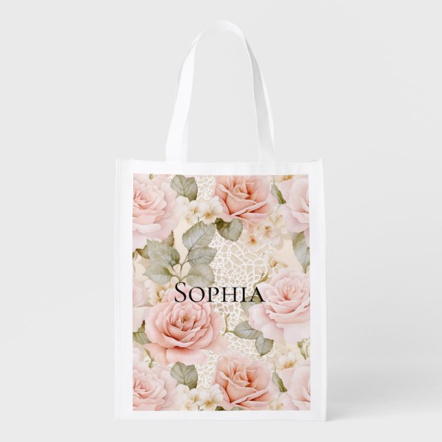 Cream Blush Pink Roses Floral Bridal Shower Grocery Bag (Front)