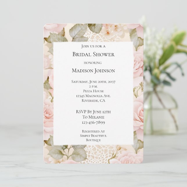 Cream Blush Pink Roses Floral Bridal Shower Invitation (Standing Front)