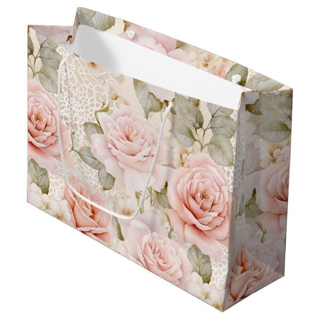 Cream Blush Pink Roses Floral Bridal Shower Large Gift Bag (Front Angled)