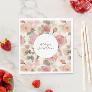 Cream Blush Pink Roses Floral Bridal Shower Napkins