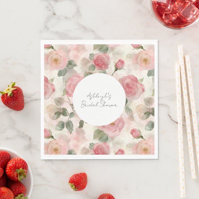 Cream Blush Pink Roses Floral Bridal Shower Napkins (Insitu)