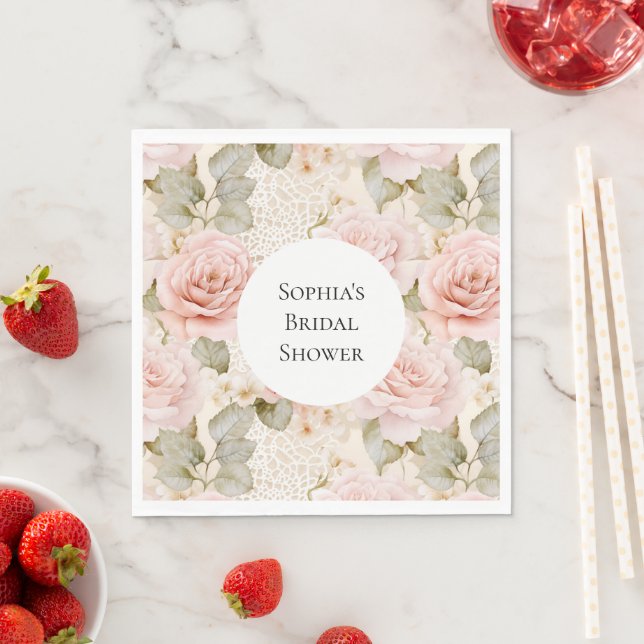 Cream Blush Pink Roses Floral Bridal Shower Napkins (Insitu)