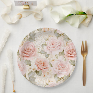 Cream Blush Pink Roses Floral Bridal Shower Paper Plates