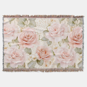 Cream Blush Pink Roses Floral Bridal Shower Throw Blanket
