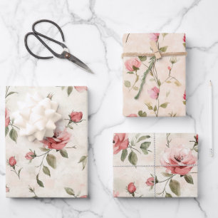 Cream Blush Pink Roses Floral Bridal Shower Wrapping Paper Sheets