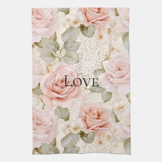 Cream Blush Pink Roses Floral   Kitchen Towel (Vertical)