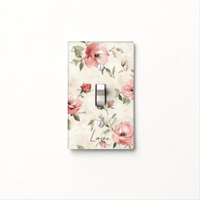 Cream Blush Pink Roses Floral Light Switch Cover (In Situ)