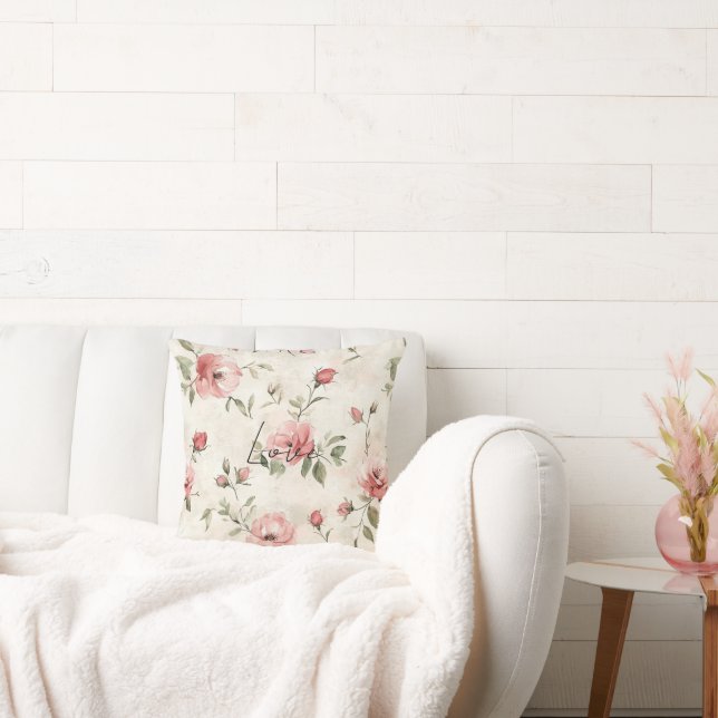 Cream Blush Pink Roses Floral Throw Pillow (Couch)