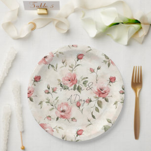 Cream Blush Pink Roses Floral Wedding Paper Plates