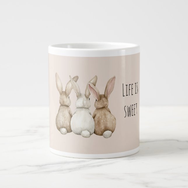 Cream Blush Three Cute Bunny Rabbits Giant Coffee Mug (Front)
