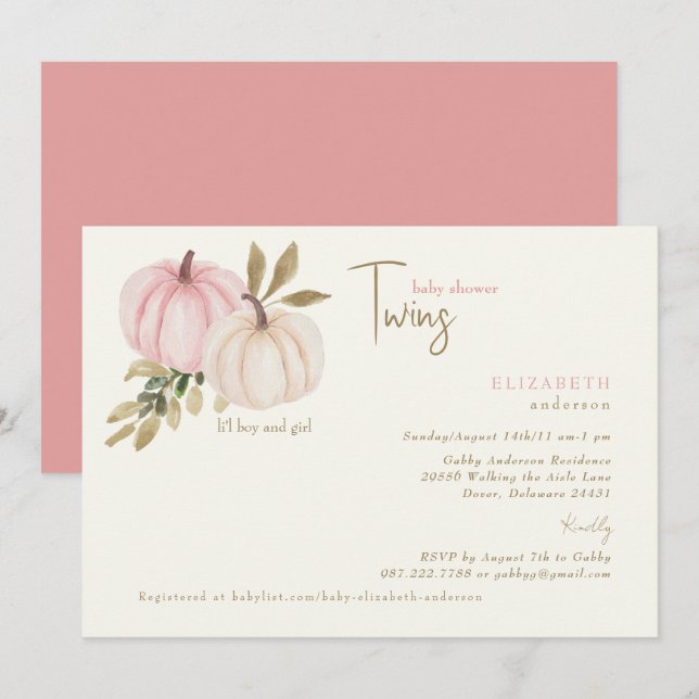 Cream & Blush Twins Little Pumpkins Baby Shower Invitation (Front/Back)