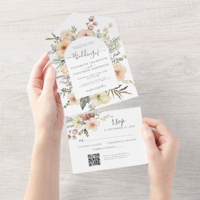 Cream Boho Christmas QR Code Winter Floral Wedding All In One Invitation (Tearaway)