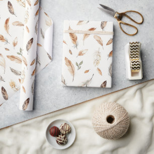 Cream Boho Feathers Birthday Wrapping Paper