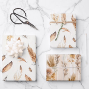 Cream Boho Feathers Flowers Birthday Wrapping Paper Sheets