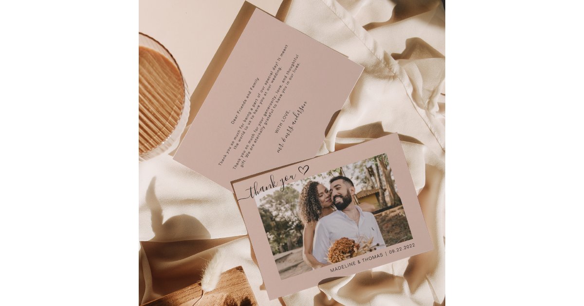 Cream Boho Simple Photo Heart Script Wedding Thank You Card | Zazzle