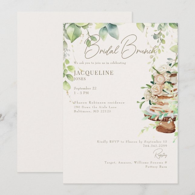 Cream Botanical Cake Bridal Brunch Invitation (Front/Back)