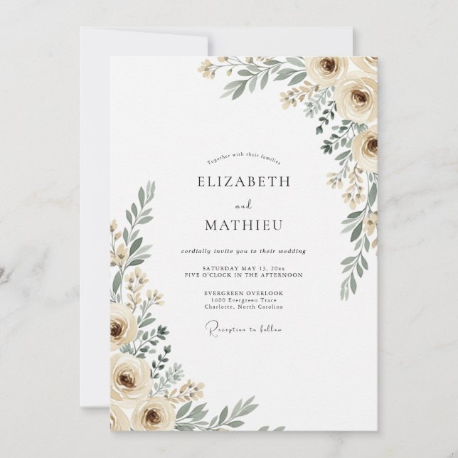 Cream Botanical Flourish Wedding Invitation (Front)